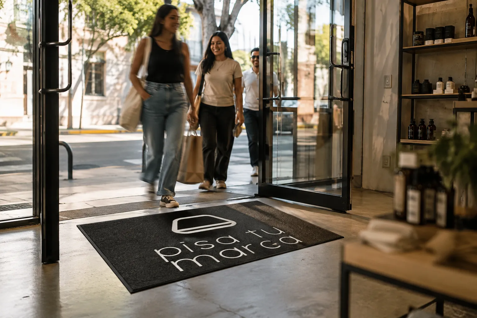 Clientes entrando a una tienda sobre un tapete de entrada con el logotipo del
             negocio impreso