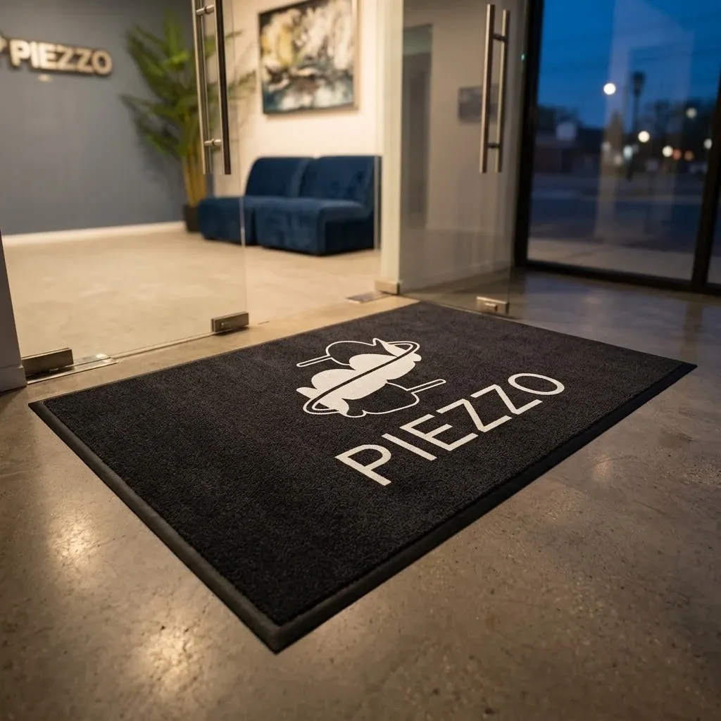 Tapete tipo alfombra con el logotipo de Piezzo en la recepción de una oficina